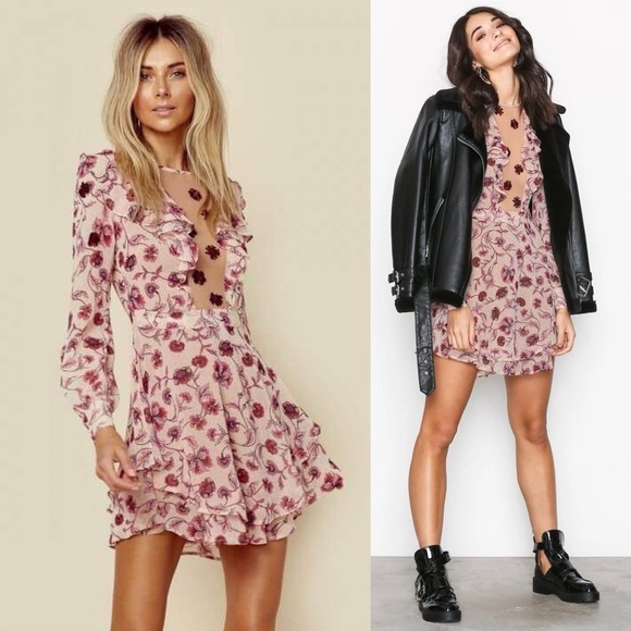 NWT For Love & Lemons Agnes Floral Plunge Mini Dress in Soft Rose XS - Picture 15 of 15